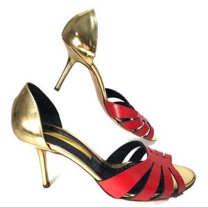 Rupert Sanderson Vintage Red Gold Leather Heel Sandals, 8